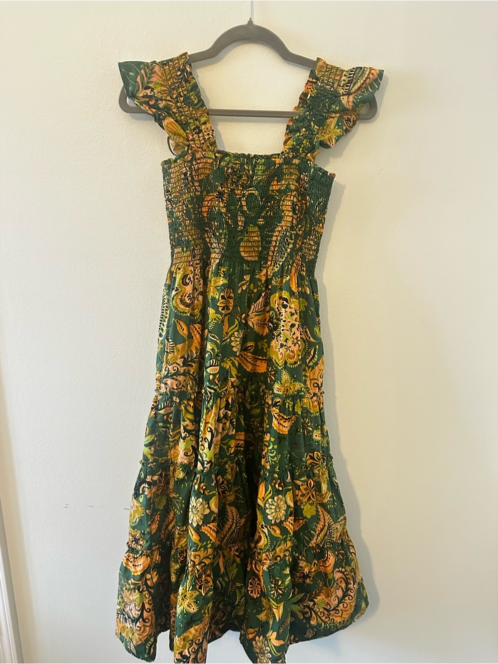 Kourt Calypso Tropical Floral Print Green Tiered Ruffle Maxi Dress Small - Picture 5 of 6
